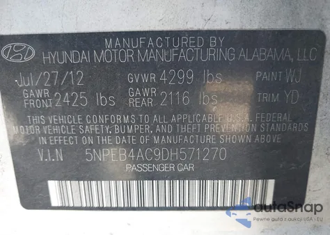 2013 Hyundai Sonata Gls from USA, damaged, VIN 5NPEB4AC9DH571270